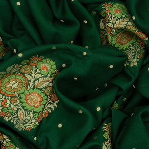 Bottle Green Handloom Banarasi Khaddi Georgette Saree With Meena Floral Motifs-Bottle Green