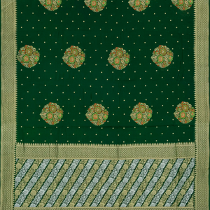 Bottle Green Handloom Banarasi Khaddi Georgette Saree With Meena Floral Motifs-Bottle Green