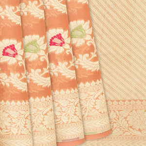 Peach Handloom Banarasi Khaddi Georgette Saree With Meena Floral Motifs-Peach