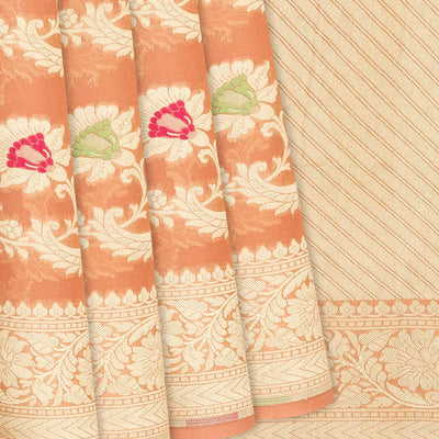 Peach Handloom Banarasi Khaddi Georgette Saree With Meena Floral Motifs-Peach