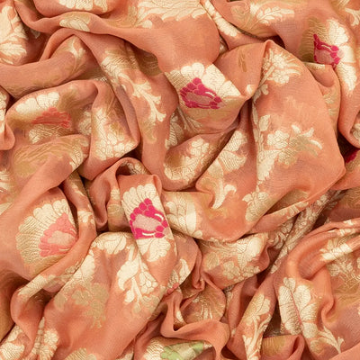 Peach Handloom Banarasi Khaddi Georgette Saree With Meena Floral Motifs-Peach