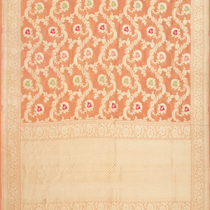 Peach Handloom Banarasi Khaddi Georgette Saree With Meena Floral Motifs-Peach