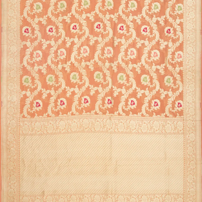 Peach Handloom Banarasi Khaddi Georgette Saree With Meena Floral Motifs-Peach