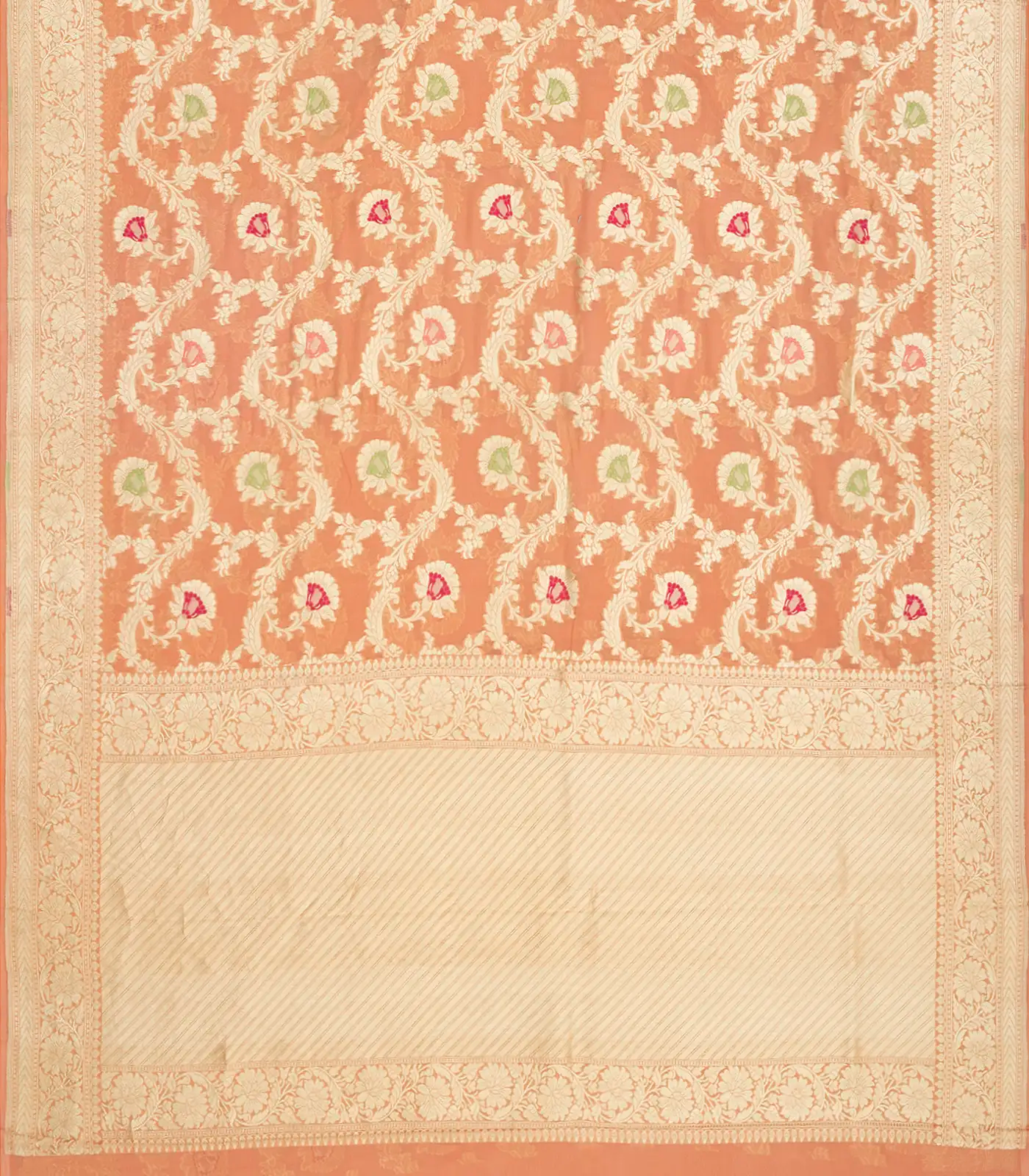 Peach Handloom Banarasi Khaddi Georgette Saree With Meena Floral Motifs-Peach