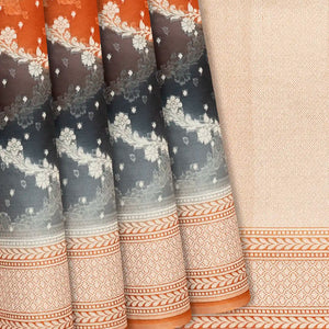 Orange Handwoven Banarasi Organza Rangkat Saree With Floral Vine Motifs-Orange