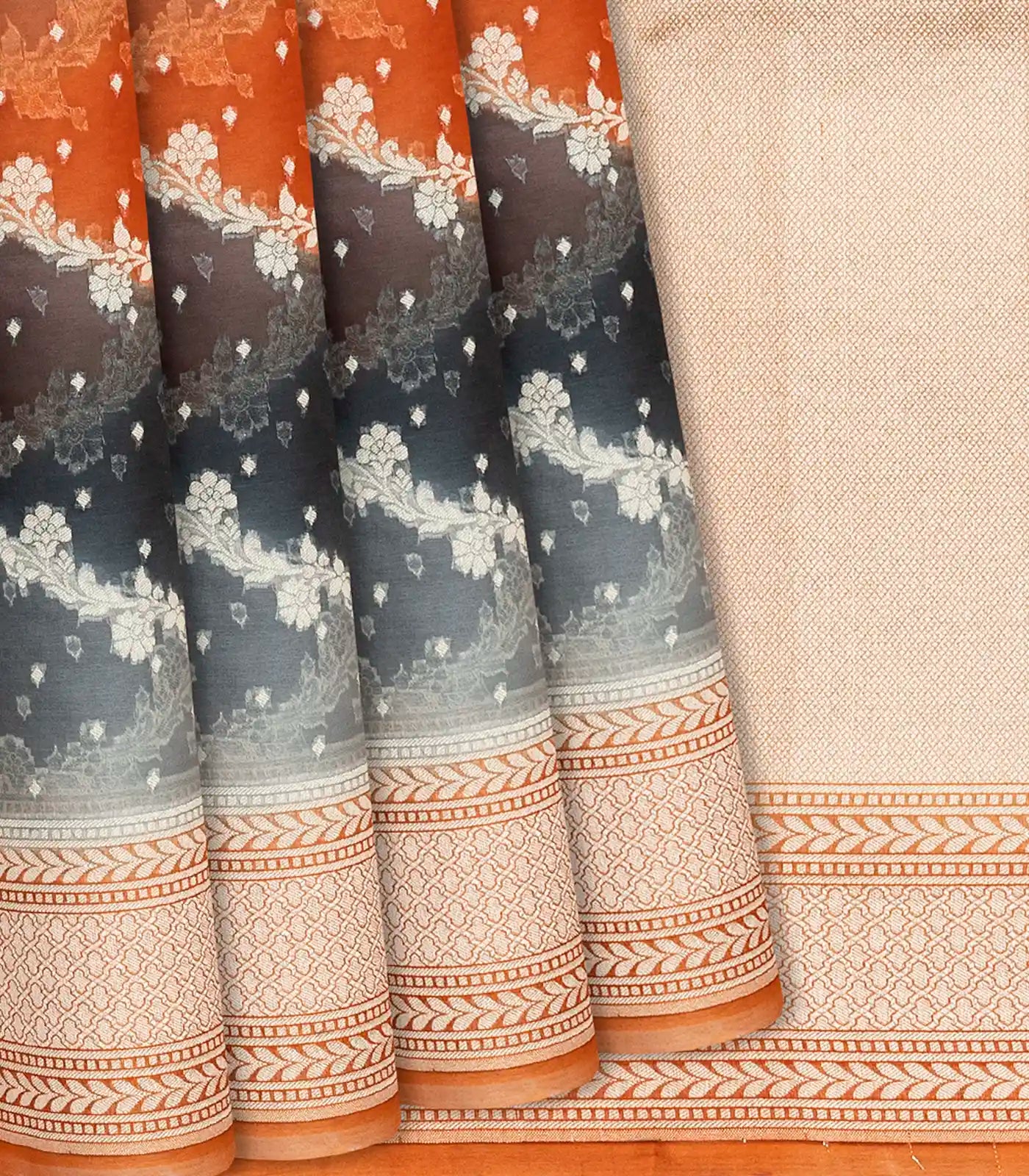 Orange Handwoven Banarasi Organza Rangkat Saree With Floral Vine Motifs-Orange