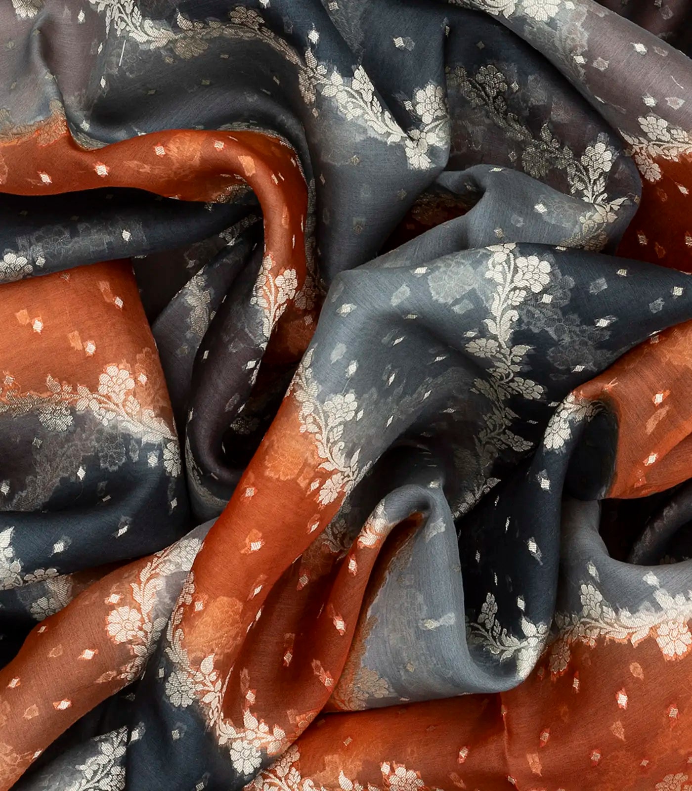 Orange Handwoven Banarasi Organza Rangkat Saree With Floral Vine Motifs-Orange