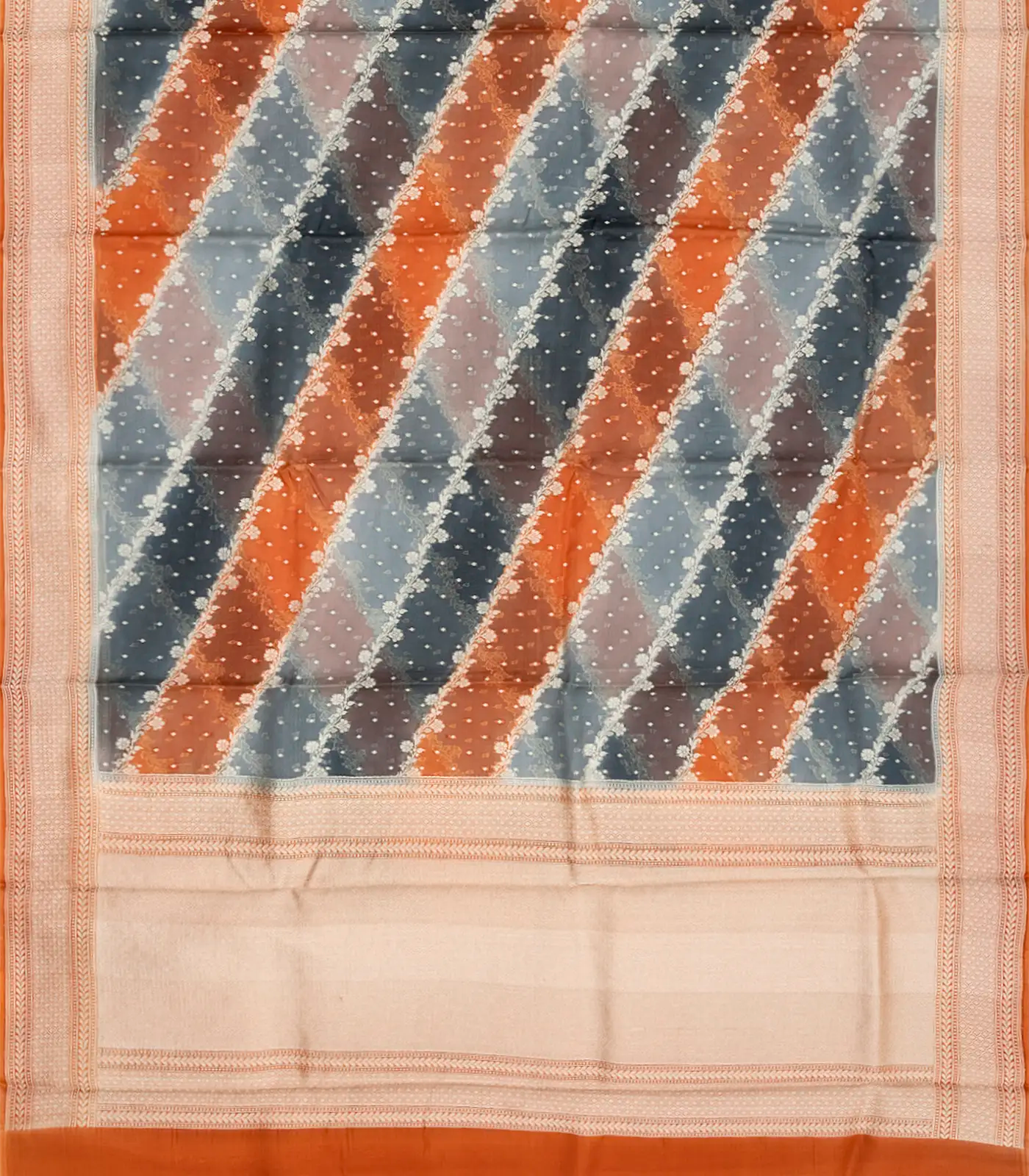 Orange Handwoven Banarasi Organza Rangkat Saree With Floral Vine Motifs-Orange