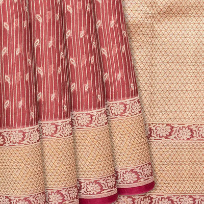 Crimson Handwoven Banarasi Organza Saree With Leaf Motifs-Crimson