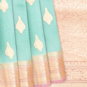 Turquoise Handwoven Banarasi Organza Saree With Floral Buttas-Turquoise