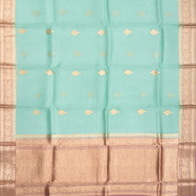 Turquoise Handwoven Banarasi Organza Saree With Floral Buttas-Turquoise