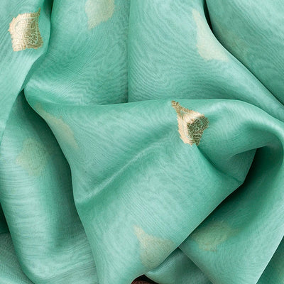 Turquoise Handwoven Banarasi Organza Saree With Floral Buttas-Turquoise