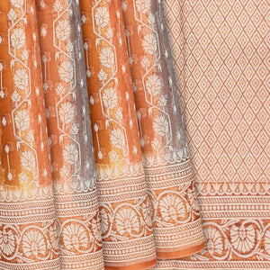 Orange Handwoven Banarasi Organza Rangkat Saree With Floral Motifs-Orange