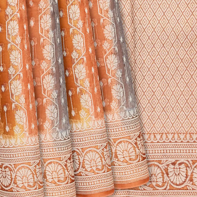 Orange Handwoven Banarasi Organza Rangkat Saree With Floral Motifs-Orange