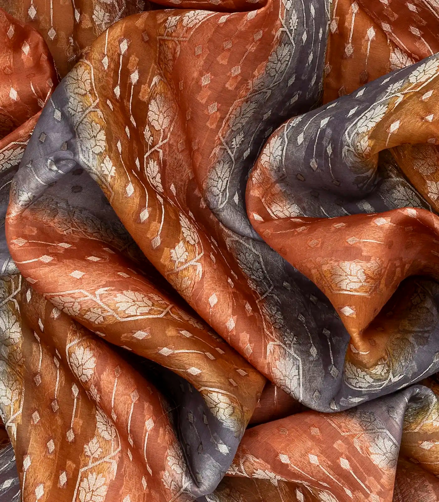 Orange Handwoven Banarasi Organza Rangkat Saree With Floral Motifs-Orange