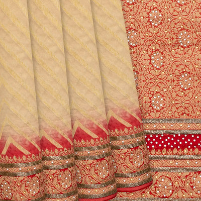 Beige Banarasi Khaddi Georgette Saree With Chevron Motifs-Beige