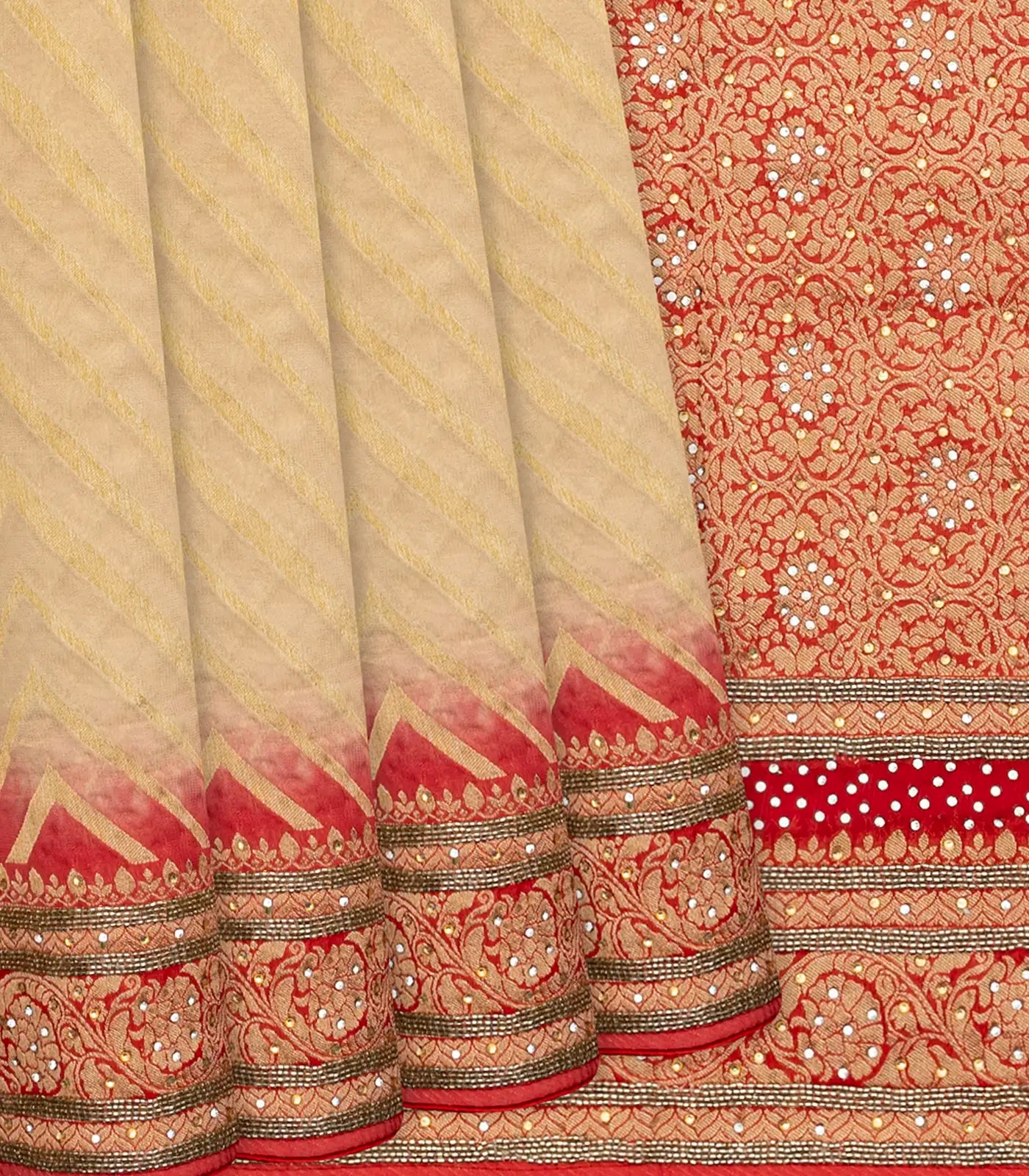 Beige Banarasi Khaddi Georgette Saree With Chevron Motifs-Beige