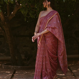 Dusty Pink Handloom Banarasi Jamdani Saree With Floral Motifs-Dusty Pink