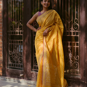 Yellow Handloom Banarasi Jamdani Saree With Floral Motifs-Yellow
