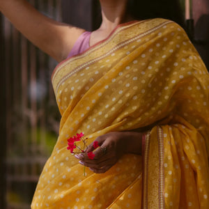 Yellow Handloom Banarasi Jamdani Saree With Floral Motifs-Yellow
