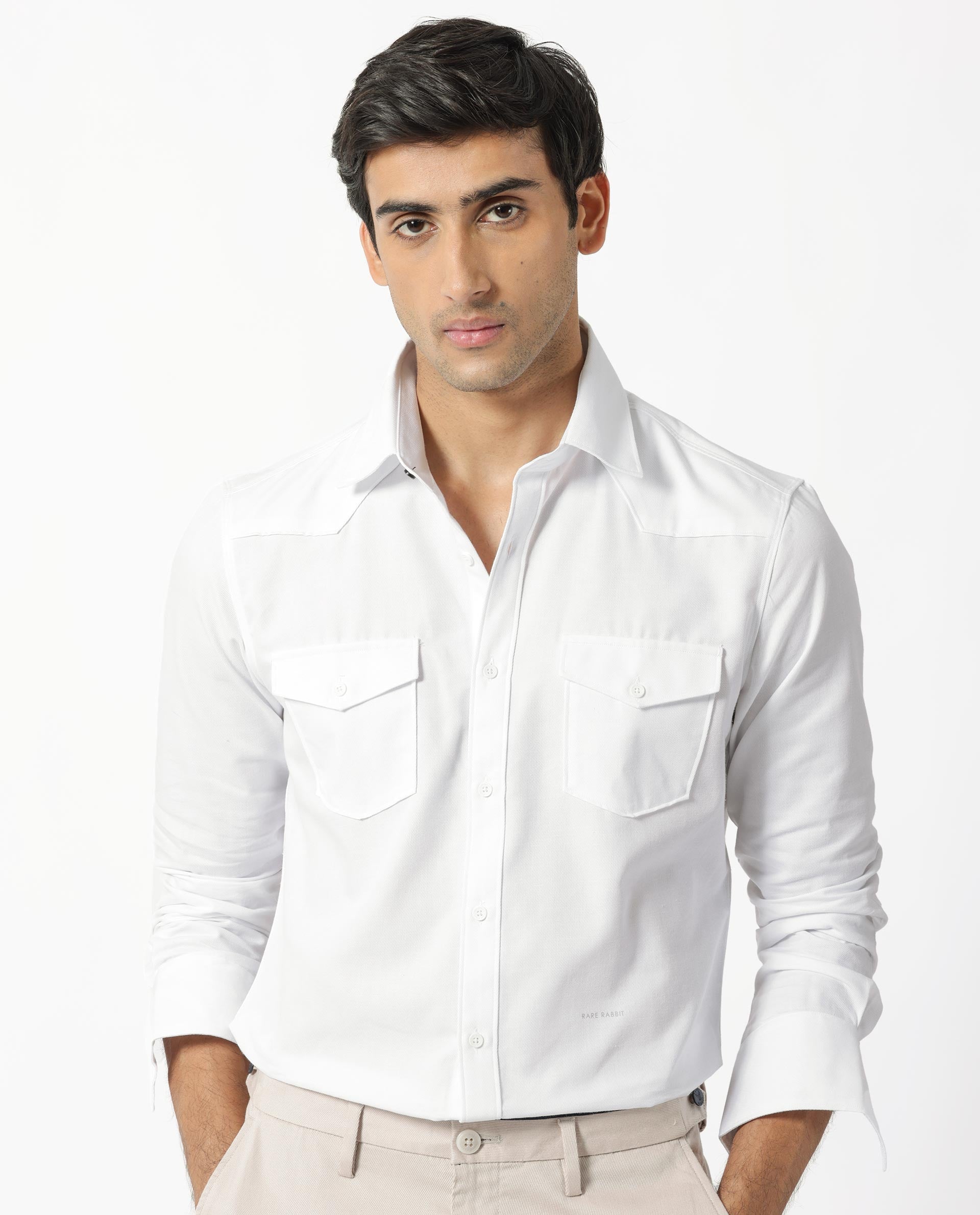 Rare Rabbit Men's Belia White Cotton Fabric Full Sleeves Solid Shirt