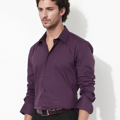 Rare Rabbit Men's Benedict Dark Purple Cotton Poly Elastane Blend Fabric Full Sleeve Solid Formal Shirt
