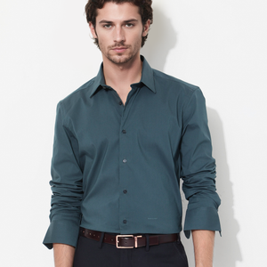 Rare Rabbit Men's Benedict Dark Teal Cotton Poly Elastane Blend Fabric Full Sleeve Solid Formal Shirt