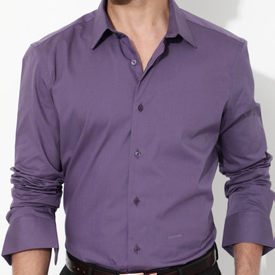 Rare Rabbit Men's Benedict Dusky Purple Cotton Poly Elastane Blend Fabric Full Sleeve Solid Formal Shirt