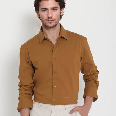 Rare Rabbit Men's Benedict Mustard Cotton Poly Elastane Blend Fabric Full Sleeve Solid Formal Shirt