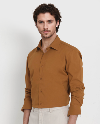 Rare Rabbit Men's Benedict Mustard Cotton Poly Elastane Blend Fabric Full Sleeve Solid Formal Shirt