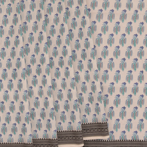 Beige Handwoven Bengal Cotton Saree WIth Flower Motifs & Black border-Beige
