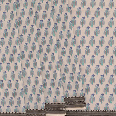 Beige Handwoven Bengal Cotton Saree WIth Flower Motifs & Black border-Beige
