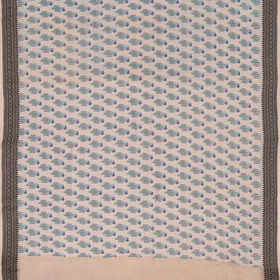 Beige Handwoven Bengal Cotton Saree WIth Flower Motifs & Black border-Beige