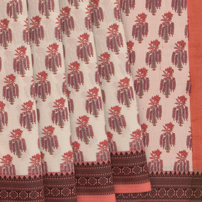 Off White Handwoven Bengal Cotton Saree With Flower Motifs & Contrast Peach Border & Pallu-Off White