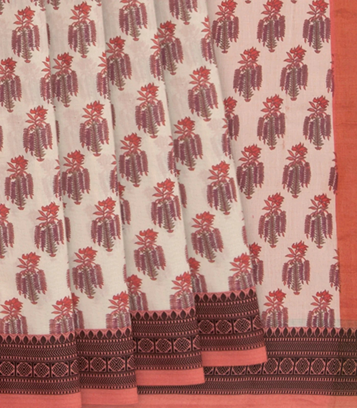 Off White Handwoven Bengal Cotton Saree With Flower Motifs & Contrast Peach Border & Pallu-Off White