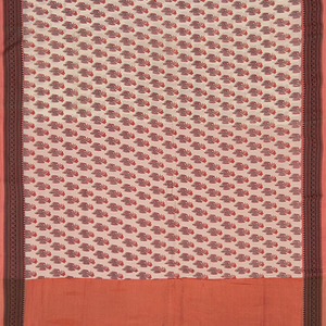 Off White Handwoven Bengal Cotton Saree With Flower Motifs & Contrast Peach Border & Pallu-Off White