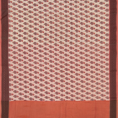 Off White Handwoven Bengal Cotton Saree With Flower Motifs & Contrast Peach Border & Pallu-Off White