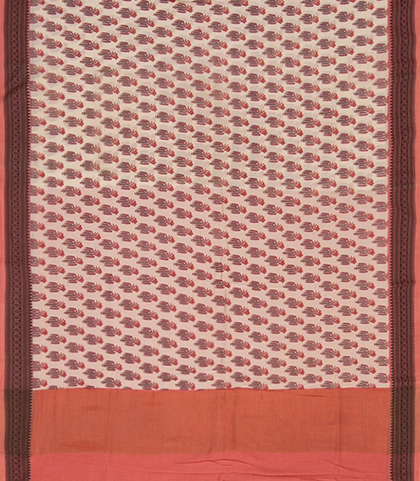 Off White Handwoven Bengal Cotton Saree With Flower Motifs & Contrast Peach Border & Pallu-Off White