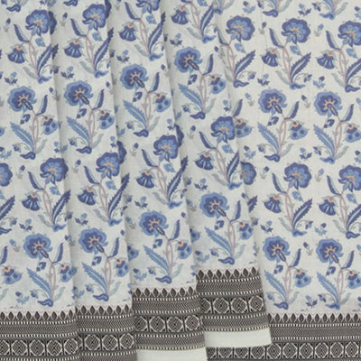 Light Blue Handwoven Bengal Cotton Saree With Flower Motifs & Diamond Chevron Motifs in Border-Light Blue
