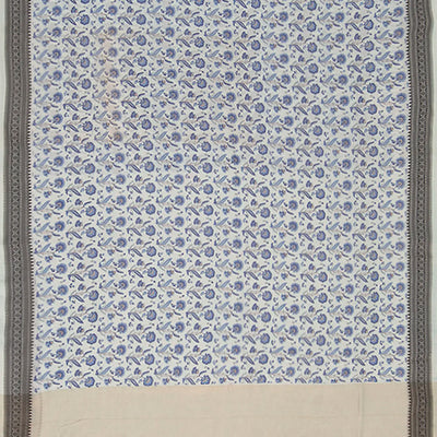 Light Blue Handwoven Bengal Cotton Saree With Flower Motifs & Diamond Chevron Motifs in Border-Light Blue