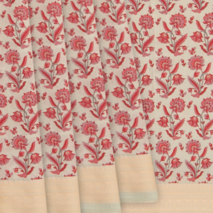 Beige Handwoven Bengal Cotton Saree With Flower Motifs & Diamond Chevron Motifs in Border-Beige