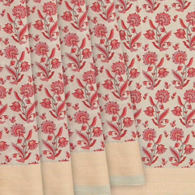 Beige Handwoven Bengal Cotton Saree With Flower Motifs & Diamond Chevron Motifs in Border-Beige