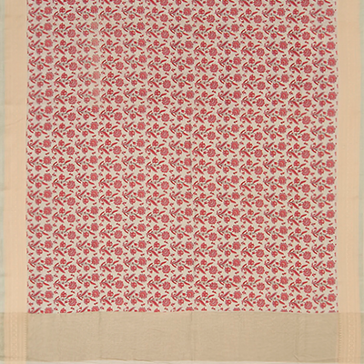 Beige Handwoven Bengal Cotton Saree With Flower Motifs & Diamond Chevron Motifs in Border-Beige