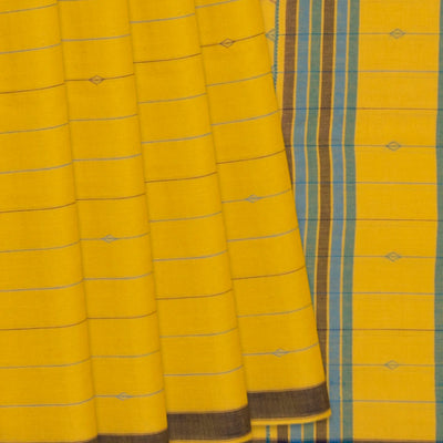 Yellow Handwoven Bengal Cotton Saree With Stripes & Black Border-Yellow