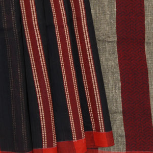 Black Handwoven Bengal Cotton Saree With Stripes & Maroon Pallu-Black