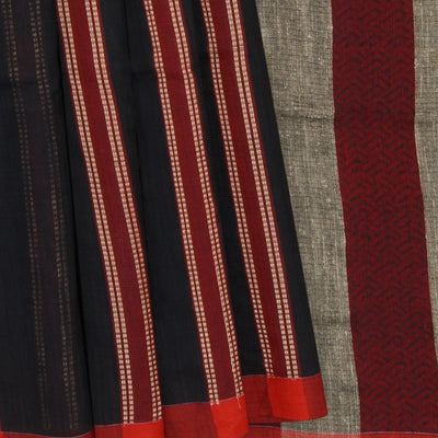 Black Handwoven Bengal Cotton Saree With Stripes & Maroon Pallu-Black