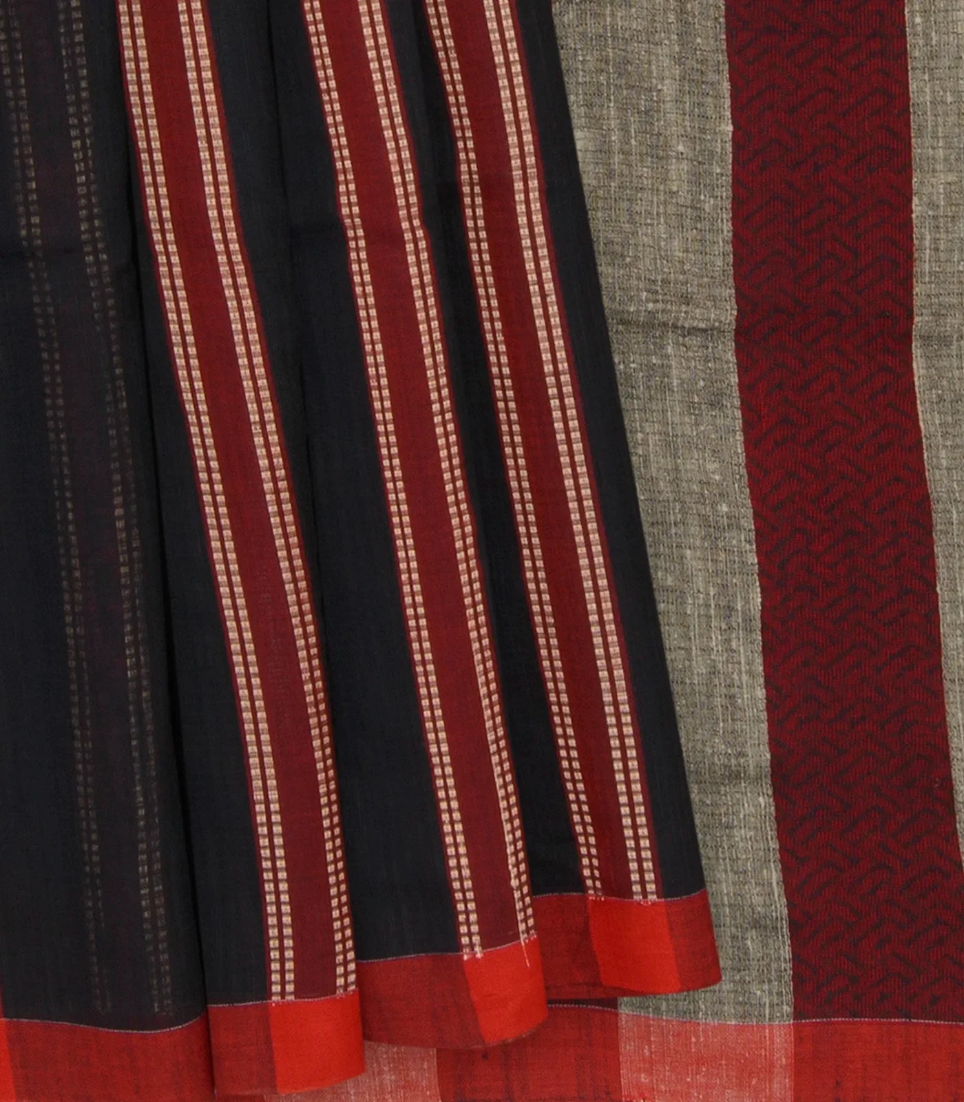 Black Handwoven Bengal Cotton Saree With Stripes & Maroon Pallu-Black