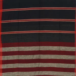 Black Handwoven Bengal Cotton Saree With Stripes & Maroon Pallu-Black