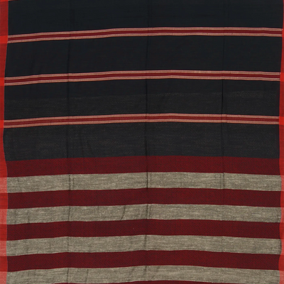 Black Handwoven Bengal Cotton Saree With Stripes & Maroon Pallu-Black