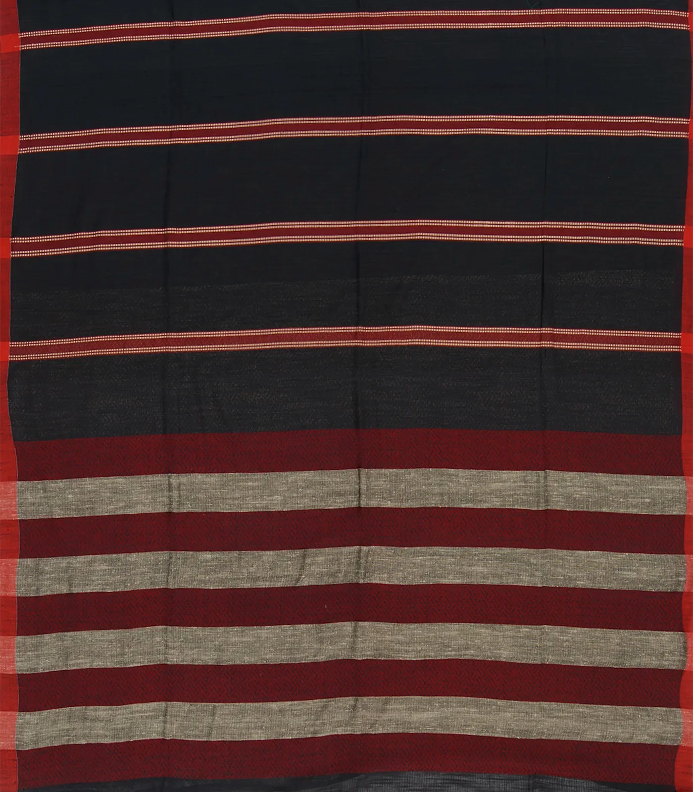 Black Handwoven Bengal Cotton Saree With Stripes & Maroon Pallu-Black